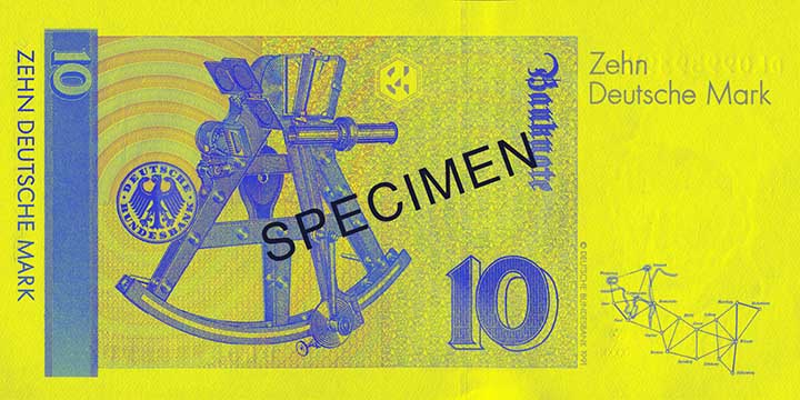 10 Deutsche Mark banknote backside 10 Deutsche Mark banknote backside