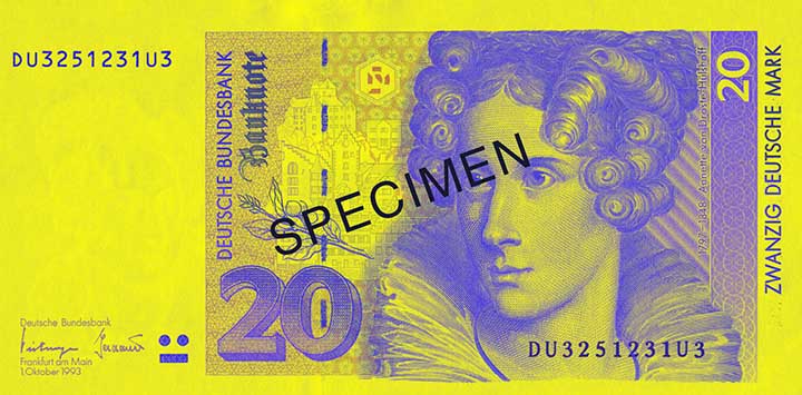 20 Deutsche Mark banknote frontside 20 Deutsche Mark banknote frontside
