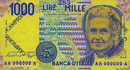 1,000 Italian lira banknote frontside 1,000 Italian lira banknote frontside