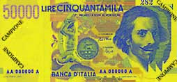 50,000 Italian lira banknote frontside 50,000 Italian lira banknote frontside