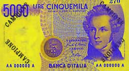 5,000 Italian lira banknote frontside 5,000 Italian lira banknote frontside