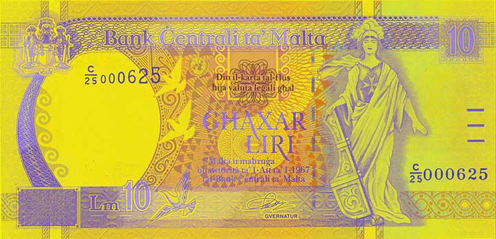 10 Maltese lira banknote frontside 10 Maltese lira banknote frontside