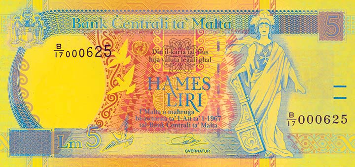 5 Maltese lira banknote frontside 5 Maltese lira banknote frontside