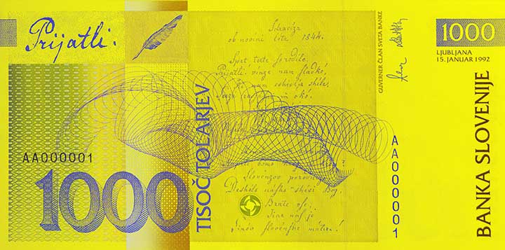 1,000 Slovenian tolar banknote backside 1,000 Slovenian tolar banknote backside