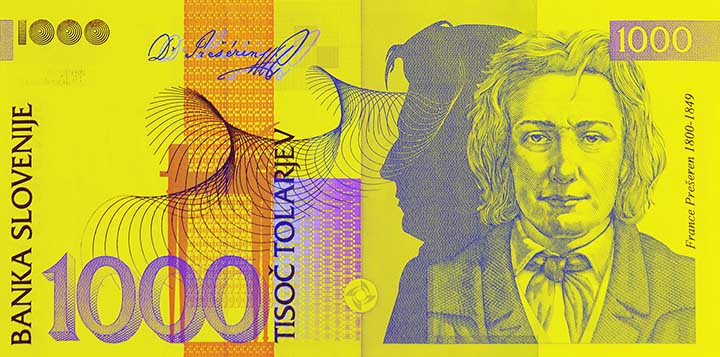 1,000 Slovenian tolar banknote frontside 1,000 Slovenian tolar banknote frontside